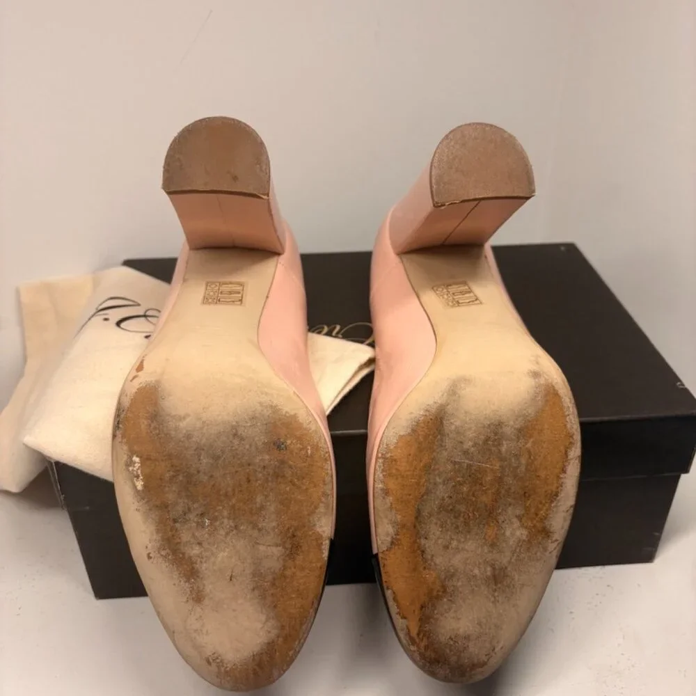 J. Crew Pink Leather Block‎ Heel Pumps with Black Cap Toe
